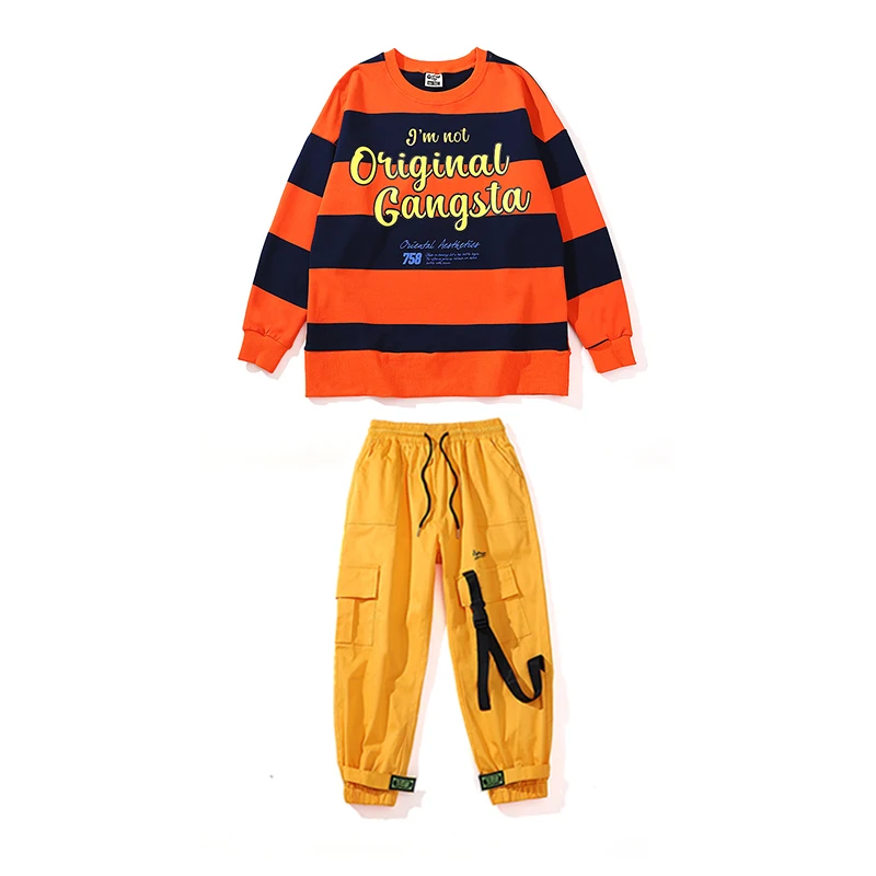 

New Hip Hop Clothes Stripe Sweatshirt Tops Yellow Hip Hop Pants Girls Jazz Dance Costume Ballroom Practice Kids Rave Wear