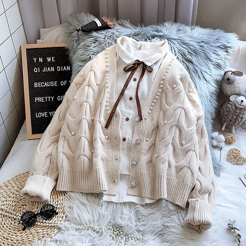 

Cardigan Women Knitted Cardigans Sweater 2021 Fashion Autumn Long Sleeve Loose Coat Casual Button Thick V Neck Solid Female Tops