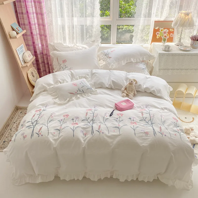 

100% Washed Cotton Flowers Embroidery Princess Bedding Set Ruffles Duvet Cover Quilt Cover Comforter Set Bed Linen Pillowcases