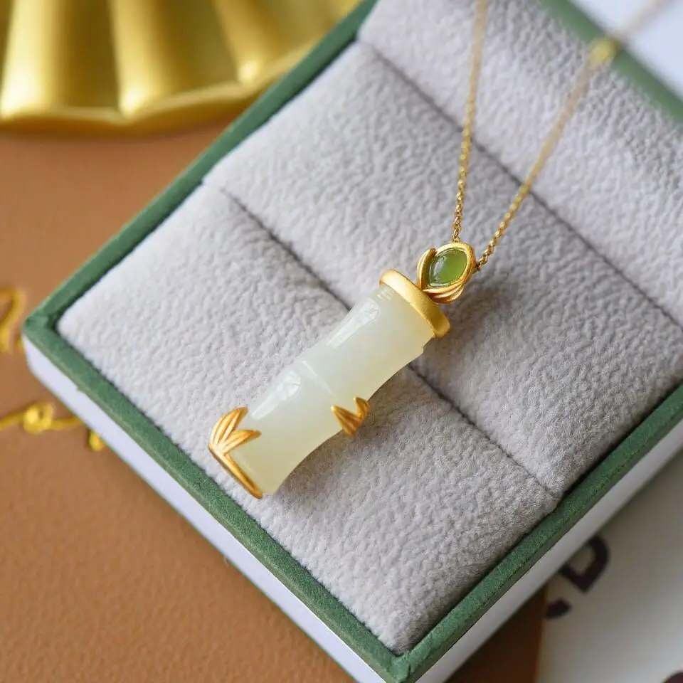 

Original Craft Natural Hetian White Jade Rich Bamboo Joint Pendant Original Design S925 Silver Gilding Necklace Clavicle Chain