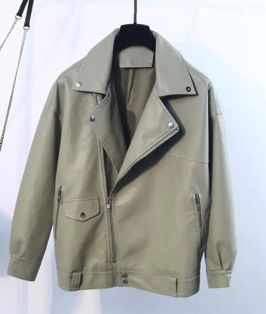 Women Leather Jacket Female Soft Faux Leather Coat Loose Rivet Zipper Overcoat