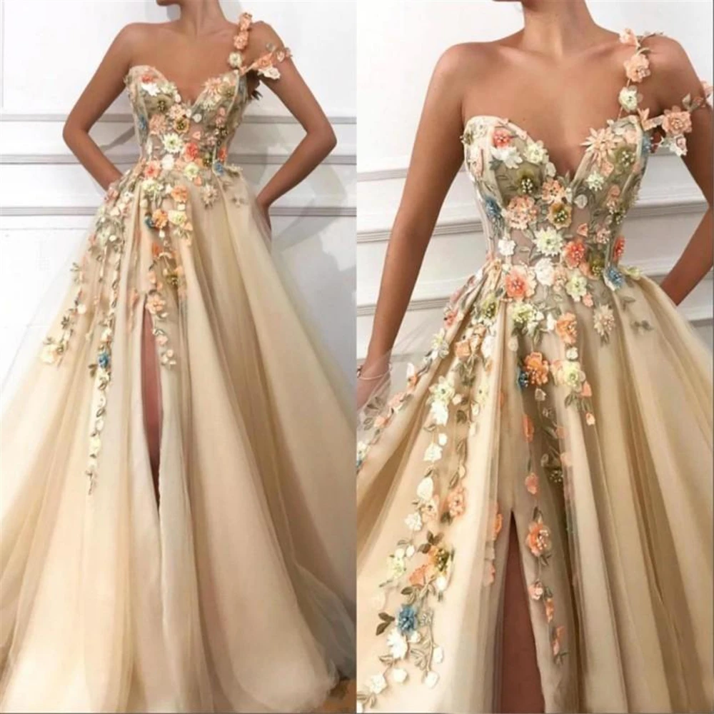

Sweetheart A Line Ball Gown 3D Floral Appliques Prom Party Gown Thigh-High Slits Evening Dress One-Shoulder Dresses