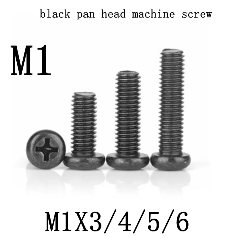 1000pcs M1*3/4/5/6 Mini Micro Small Black Cross Phillips Pan Head Screw Round Bolt