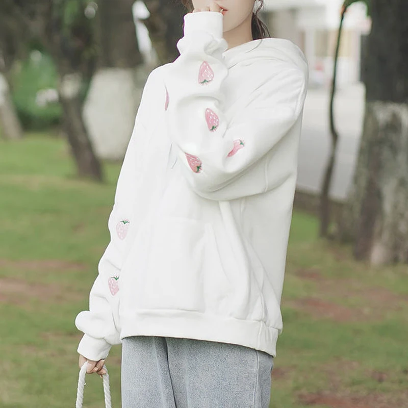

Hoodies Harajuku Women Strawberry Embroidery Sweatshirt Pullovers Autumn Winter Kawaii Loose Long Sleeve Tops Oversized Hoodies