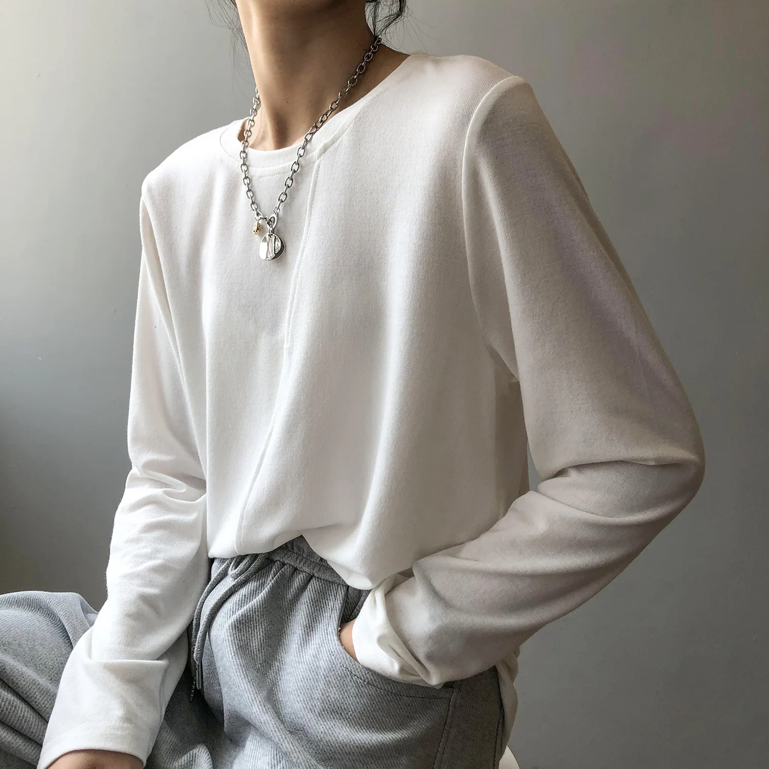 

Женский Повседневный хлопковый яркий пуловер с круглым вырезом, однотонный свободный шикарный женский топ