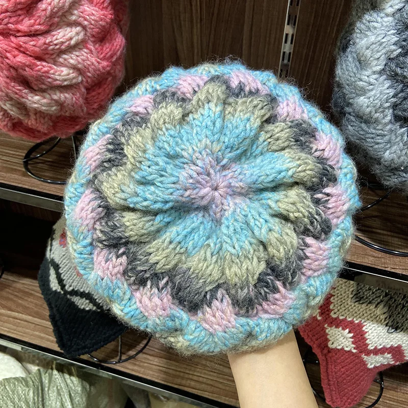 

202110-2508919 autumn winter warm wool acrylic knitting color flower lady beret hat women Leisure painter hat