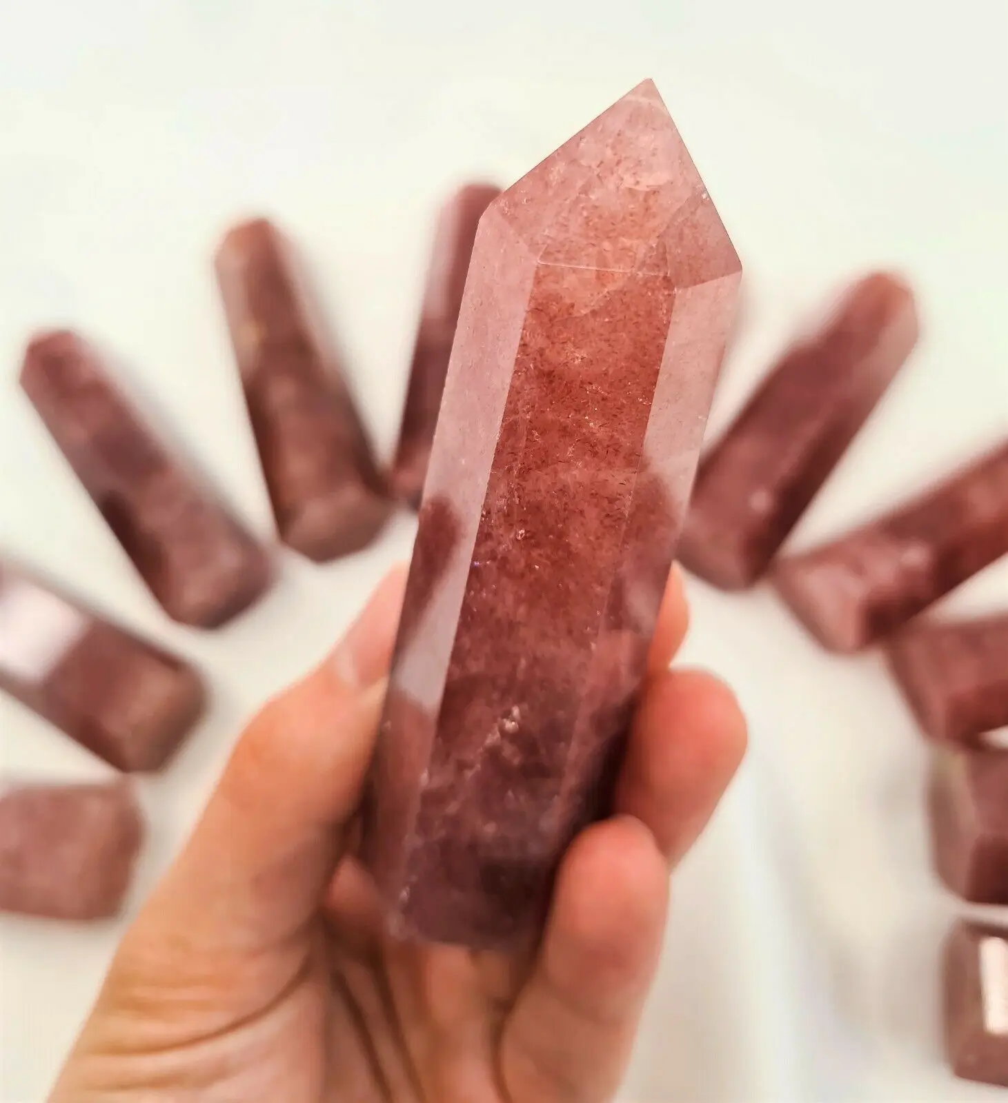 

STRAWBERRY QUARTZ POINT Healing Wand Tower Generator Natural Crystal Reiki 8-10cm