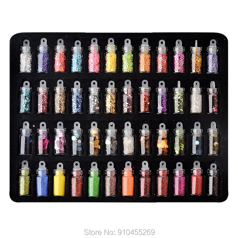 

Nail art salon flash powder mixed with sequins 48 color glass bottle hexagonal slice caviar nail ornament set shiny and durable