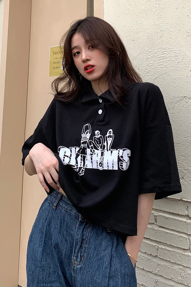 

Polo Shirt Women Korean Fashion wild summer Casual short top half-sleeved Thin Loose letter printing Female
