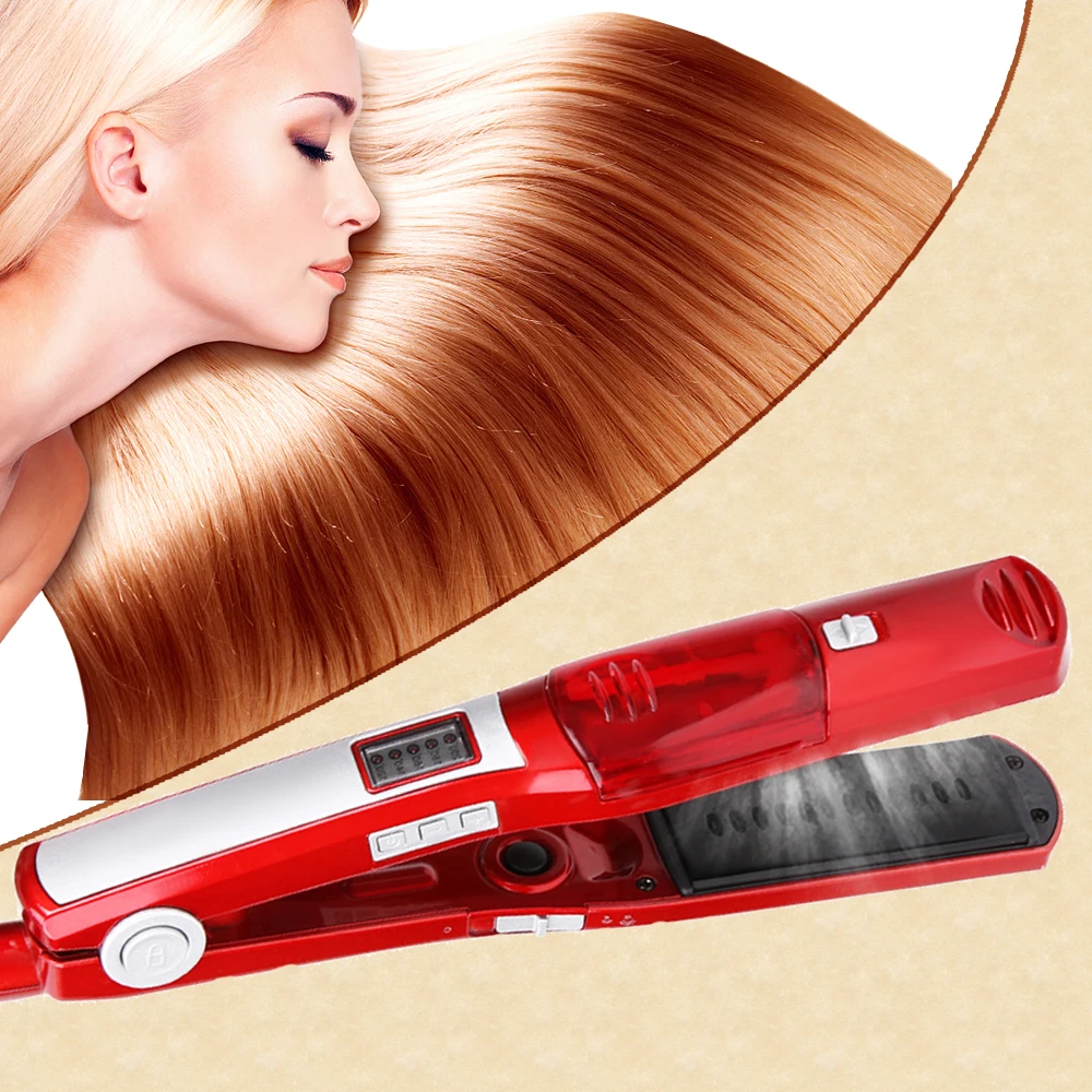 

Electric Hair Iron Steam Volumizer Hair Straightening Curling Professional Steamer Temperature Display Volumizing Styling Tools