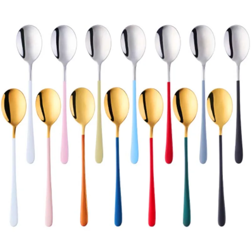 

Korean Style Stainless Steel Spoon Titanium Plated Color Creative Long Handle Soup Spoon Rice Spoon Kitchen Accessories Gadgets