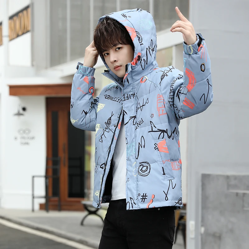 TOPS New Winter Graffiti Printed Couple's Hooded White Duck Down Jacket Autumn Thick Warm Parka Outwear Mens Puffer Coat Clothes enlarge