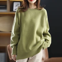 2021 autumn and winter round neck 100 pure wool sweater womens solid color mid length pullover oversized loose knit sweater