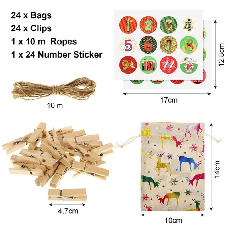 

Christmas DIY Advent Calendar Countdown 1-24 Numbers Bag Candy Storage Pouches