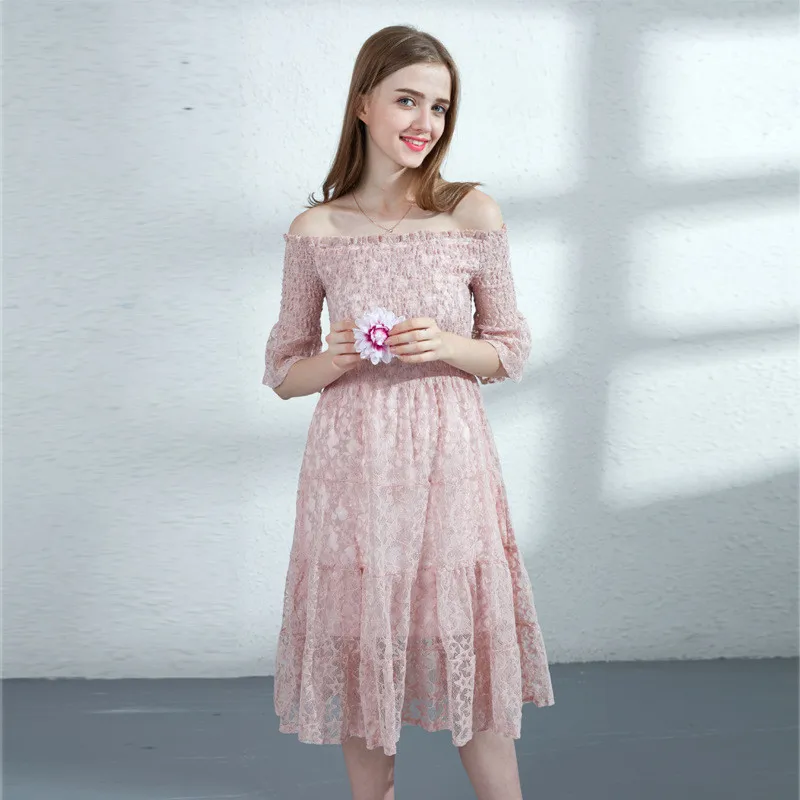 Новинка Модные женские летние платья с вырезом лодочкой Розовое кружевное