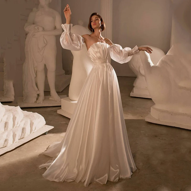 

Robes De Mariée Luxury Matte Soft Satin A-line Wedding Dresses Strapless Scallop Tube Top Gowns Diamond Detachable Puff Sleeve