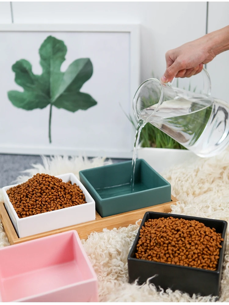 

Square Colorful Ceramic Dog Cat pet Puppy Bowl Feeding Feeder With Bamboo Tray High Capacity Large Diameter Water Bowl Supplies