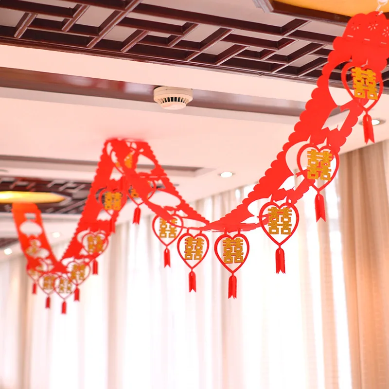 Chinese Style Wedding Decorations Wedding Decoration For Home Double Happiness Heart Non-woven Banners Room Decor
