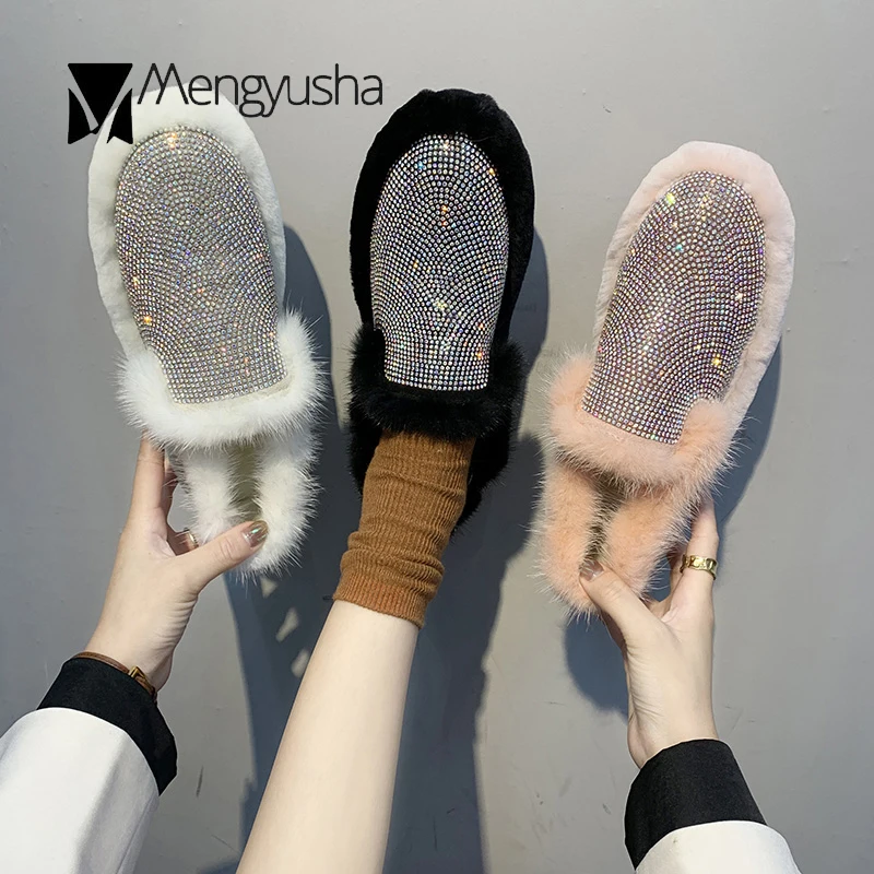 Хлопковая обувь на меху со стразами женские зимние теплые плюшевые мокасины