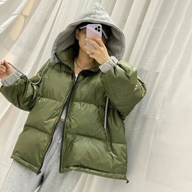 

Женская парка с капюшоном twotwin2, повседневная свободная Зеленая куртка с длинным рукавом в Корейском стиле, зимний стиль