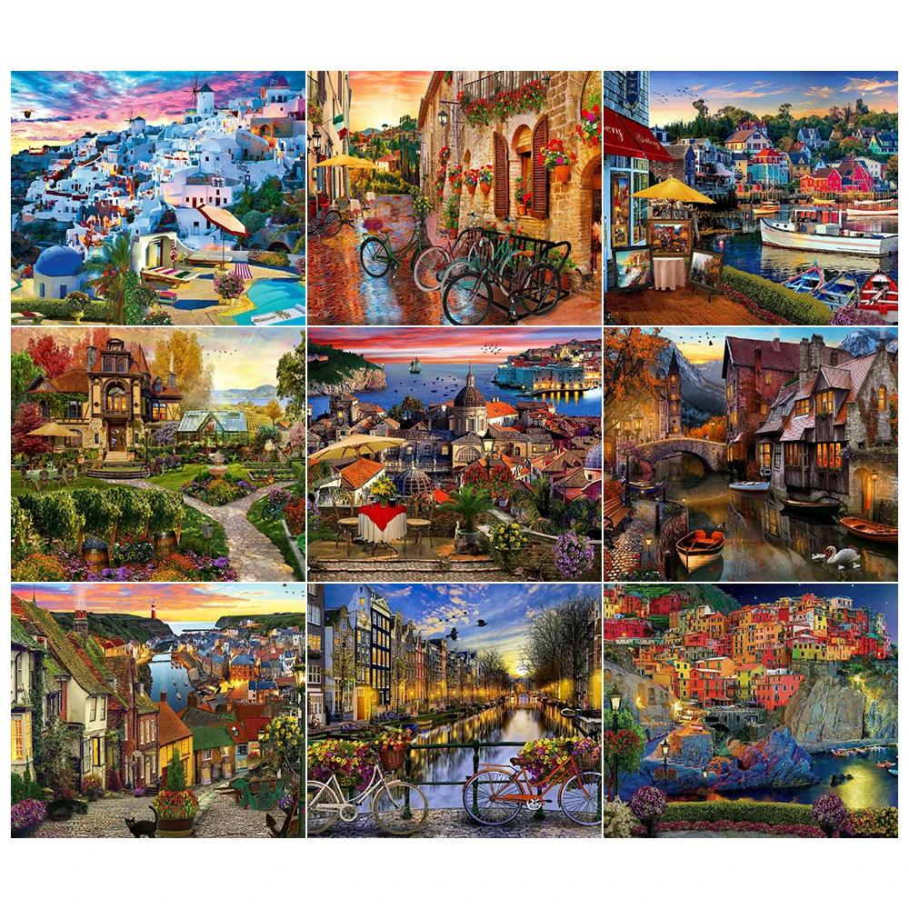 

5D DIY Poured Glue Diamond Painting Kits Full Round Square With AB Drill Town Landscape Embroidery Mosaic Home Decor Gift
