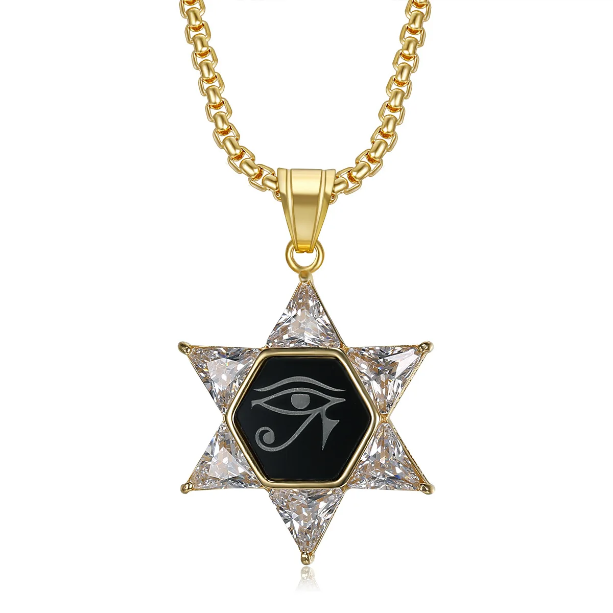 

Hip Hop Eye of Horus Star of David Pendant Necklace For Men Gold Color Stainless Steel Israel Jewish Iced Out Bling Jewelry