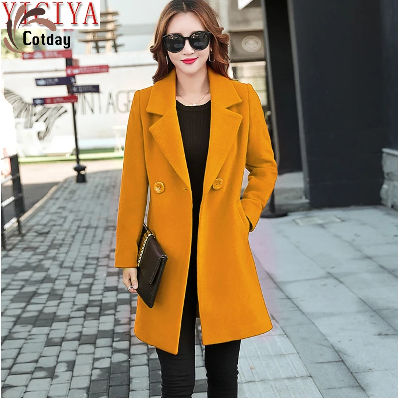 

Cotday Wool Yellow Turn-down Collar Autumn Women Plus Size Office Style Lady Oversized Large Winter Warm Long Blend Woolen Coat