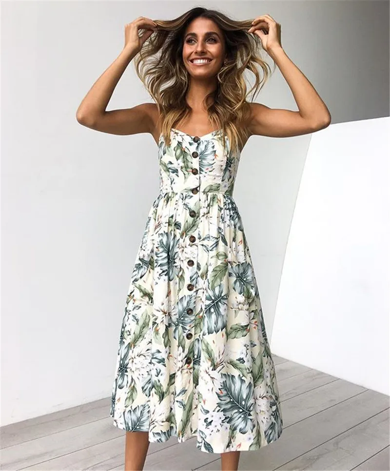 

Summer Women Sexy Sling Print Pocket Halter Button Beach Dress 2021 Female Bohemia Holiday Midi Retro Lady Dresses Plus Size