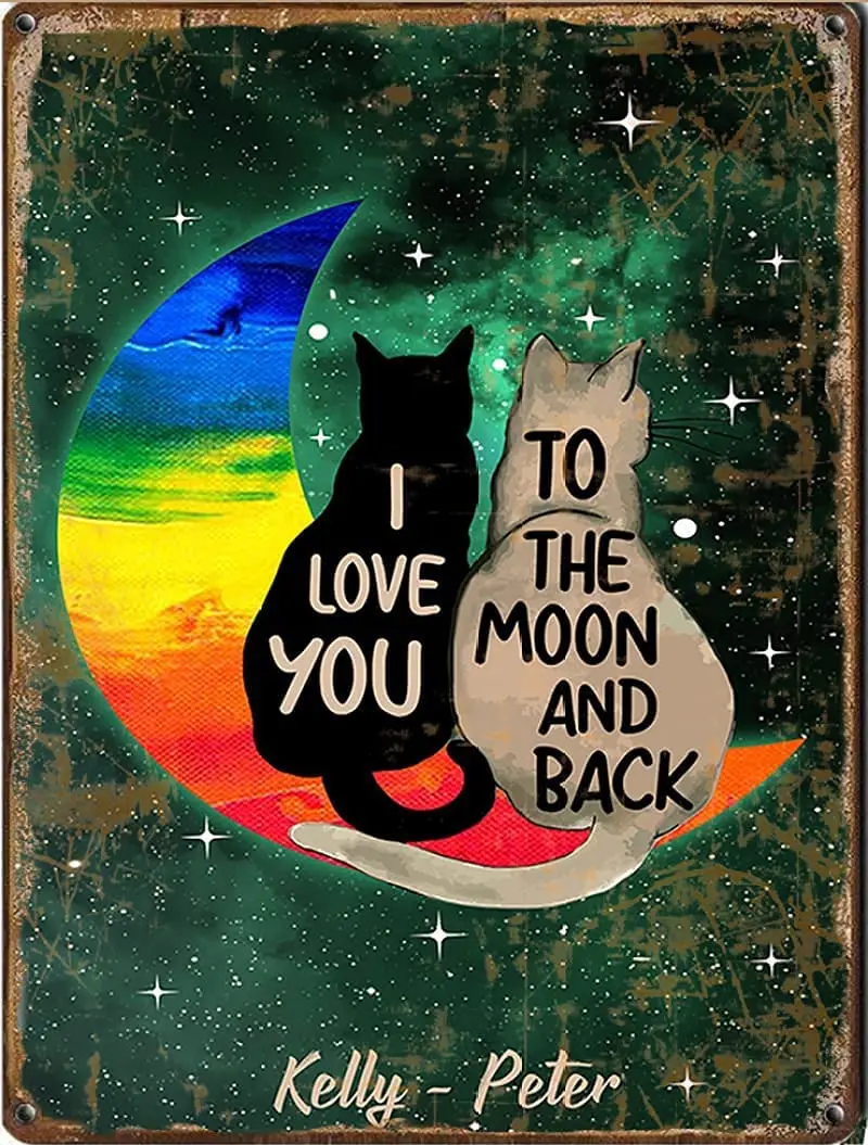 

BISHEN Cat Couple I Love You tin Sign, Moon and Star Wall Art, Gift for Cat Lovers, for Couples, tin signized Couple Name Wall
