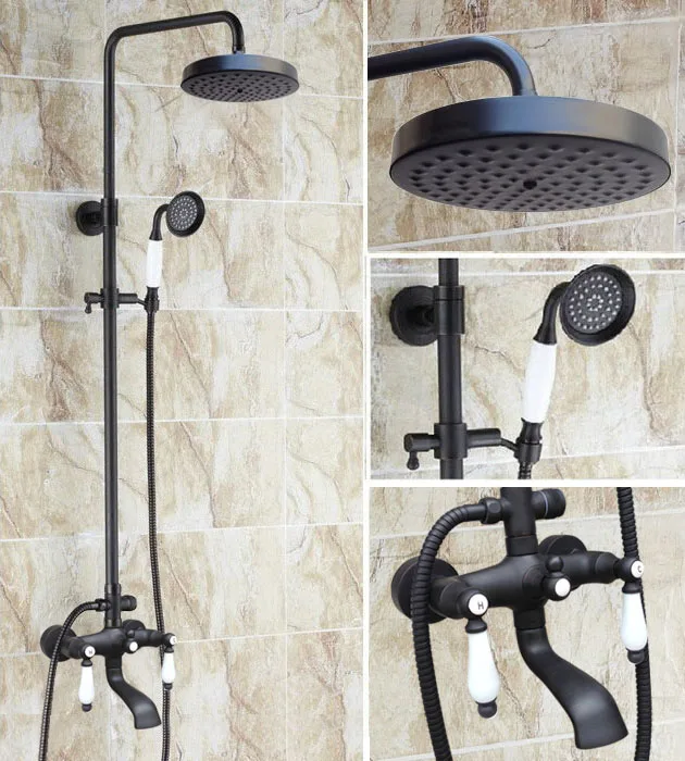 

Черный Масляный античный латунный настенный дождевой Ручной смеситель для ванной комнаты, Набор смесителей для душа с двойной ручкой, смес...