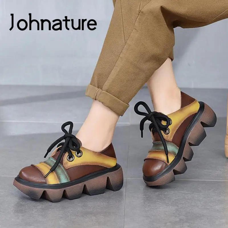 

Женские туфли на шнуровке Johnature, туфли-лодочки из натуральной кожи, с круглым носком, Прошитые, в стиле ретро, разные цвета, для осени, 2022