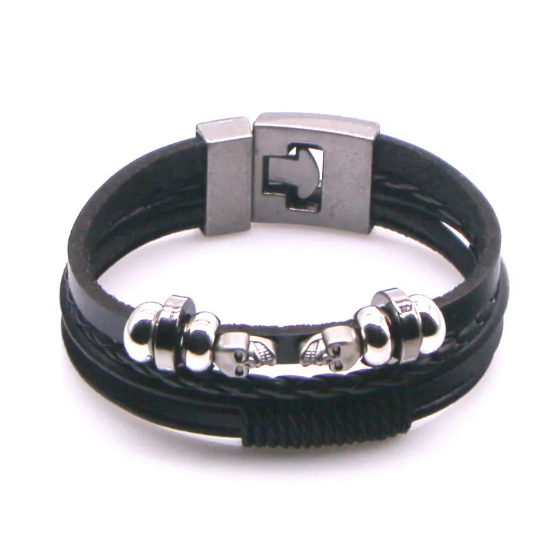 Многослойный кожаный браслет с шармами двойной череп геометрические бусины