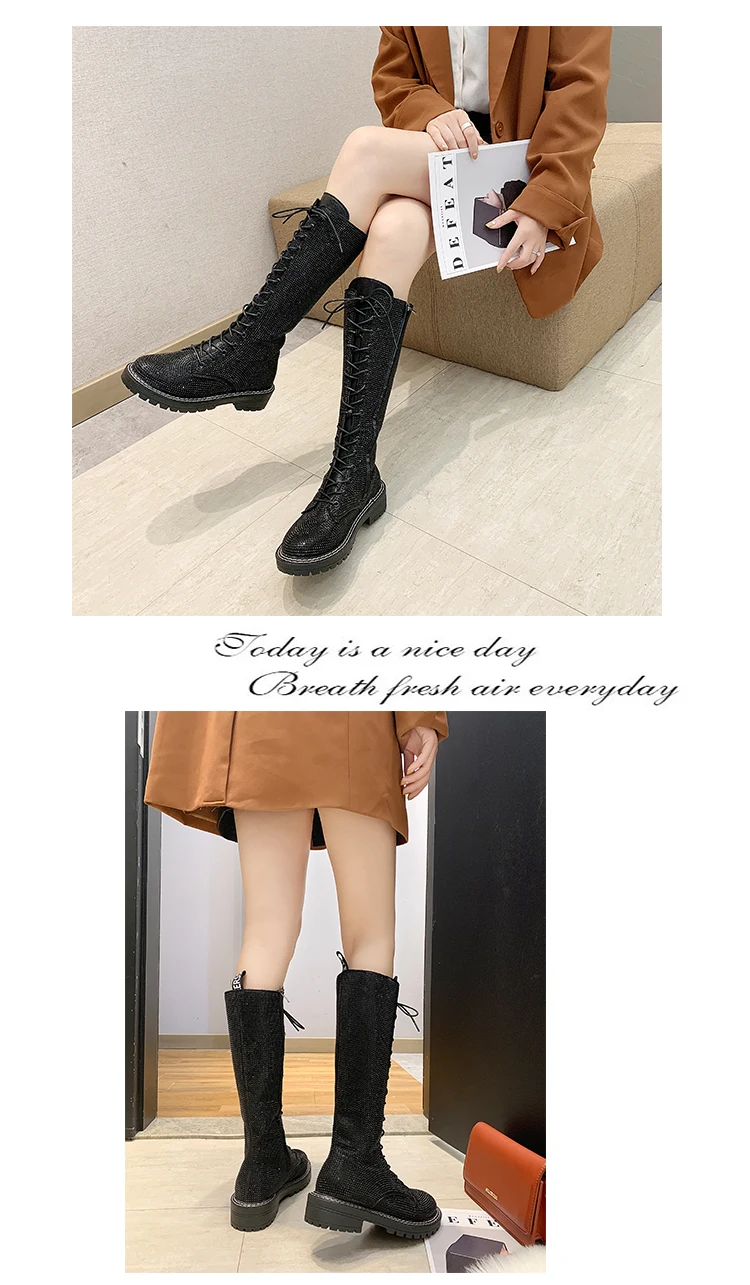 Fashion Sexy Women's Lace-Up Knees High Long Boots Bling Rhinestone Leather Platform Martin Boots Black Silver Zapatos Drop Ship