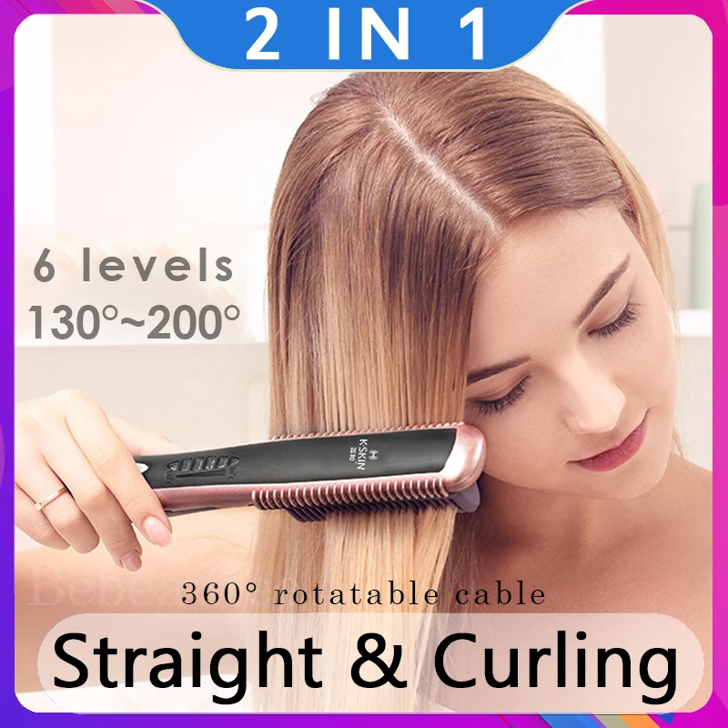 2-IN-1 Multistyler for Straightening Hair Curling Brush Multi Styler Hot Comb Heating Professional Straightener Curler Smoothing
