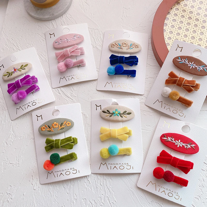 3 шт./компл. Милая заколка-бант с вышивкой из пушистой ткани боковой зажим