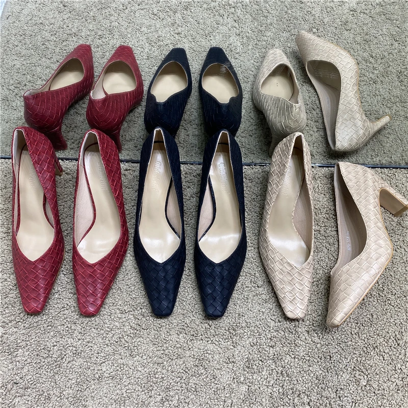 

2021 Spring Autumn Retro Woven Single Shoes Female Thick Heel Temperament Square Toe Nude Color Korean Pump High Heel Profession