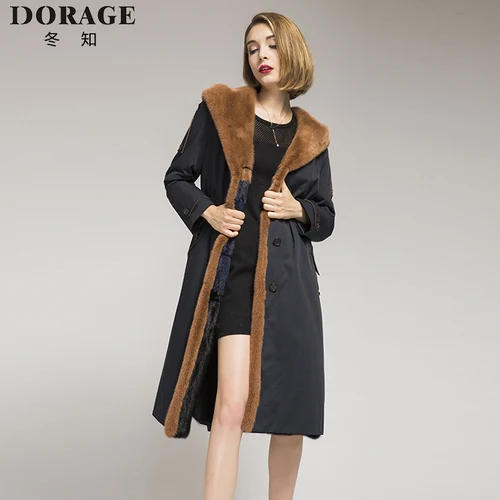 navy blue Женское длинное пальто с подкладкой из натурального кроличьего меха, высокое качество, зимнее теплое пальто из натурального меха норки, меховые парки, пальто для женщин - Цвет: navy blue