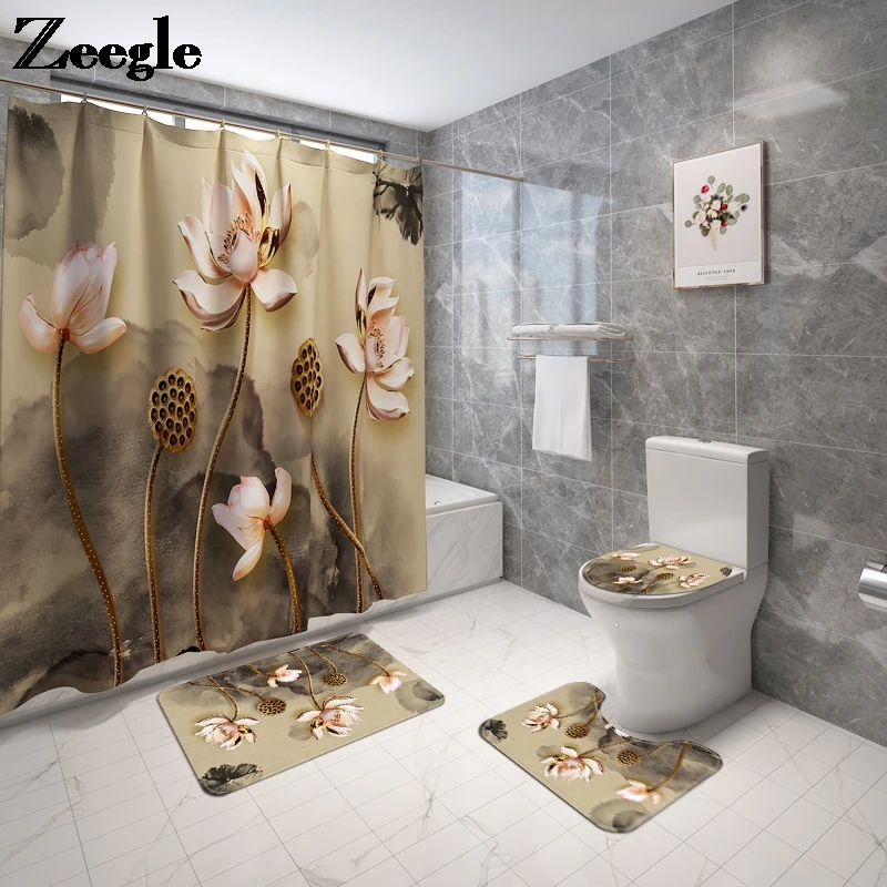 4pcs floral bathroom carpet bath curtain set toilet rugs and shower curtain toilet seat cover floor mat bathroom mat shower mat free global shipping