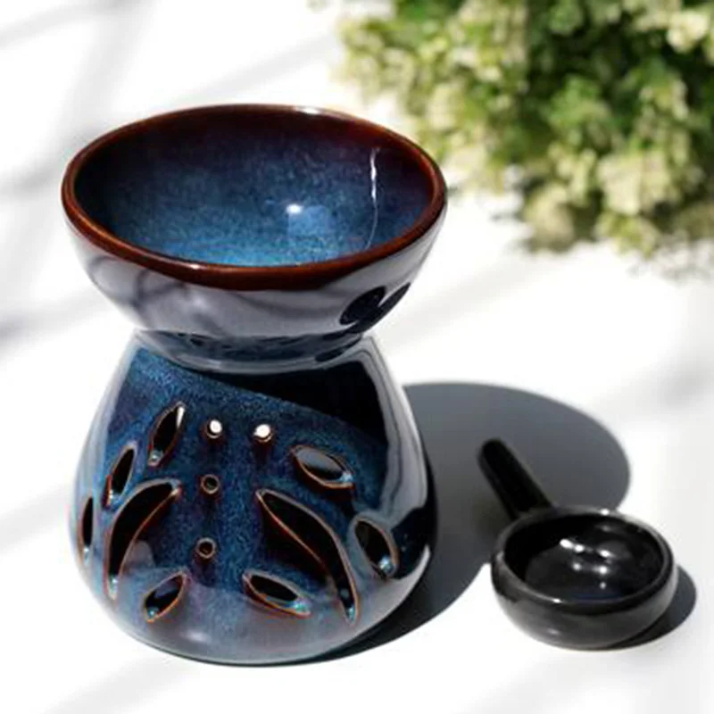 burner candle holder Керамическая ароматерапевтическая горелка, полая печь с эфирными маслами, йога, спа, отель, декор для гостиной, ароматическая лампа, черный, синий подсвечник - Цвет: burner candle holder