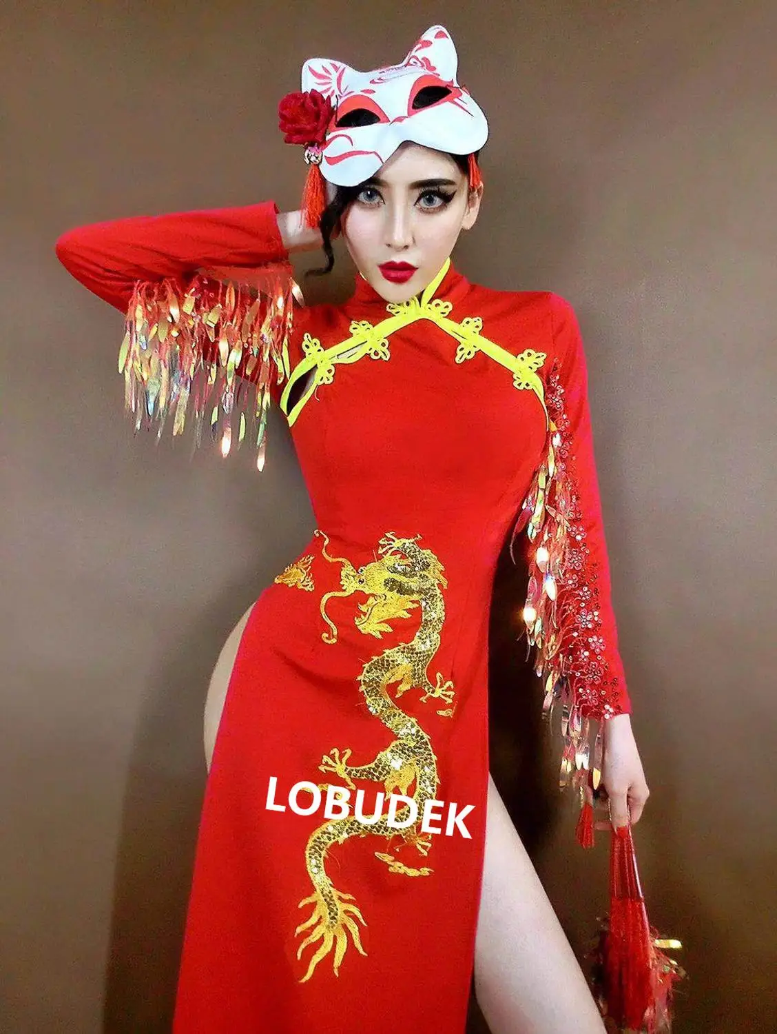 Женское сценическое платье-Ципао с бахромой блестками и разрезом | Тематическая