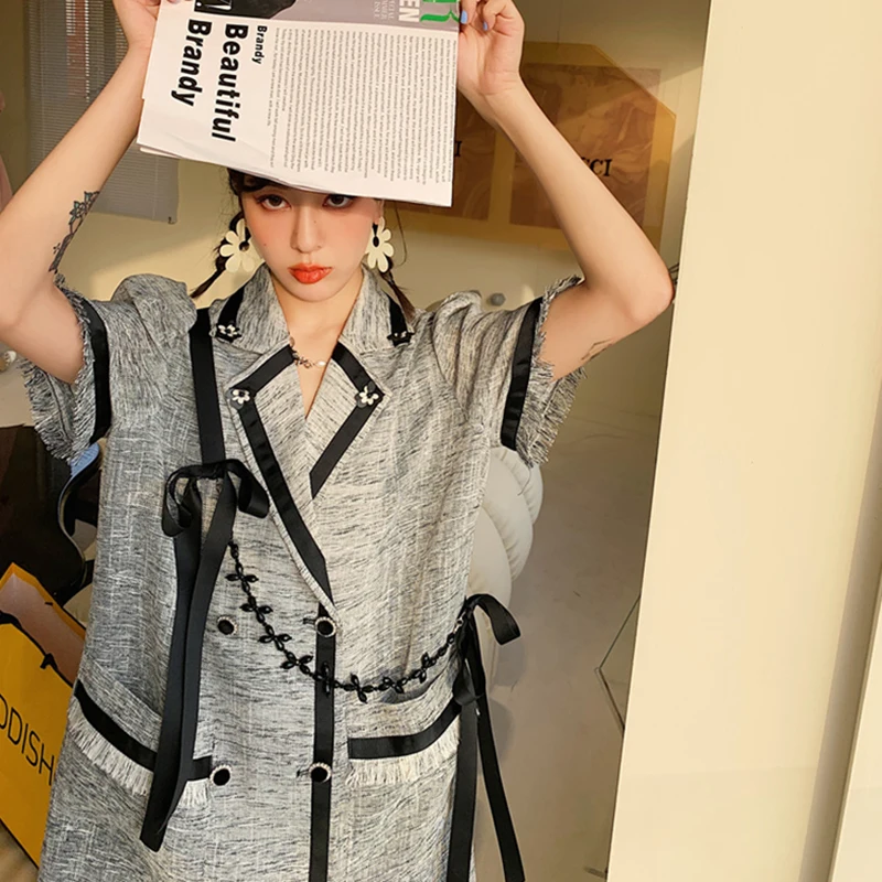 

VGH Elegant Hit Color Dress For Women Notched Short Sleeve High Waist Patchwork Tassel Pockets Midi Dresses Females Summer Style