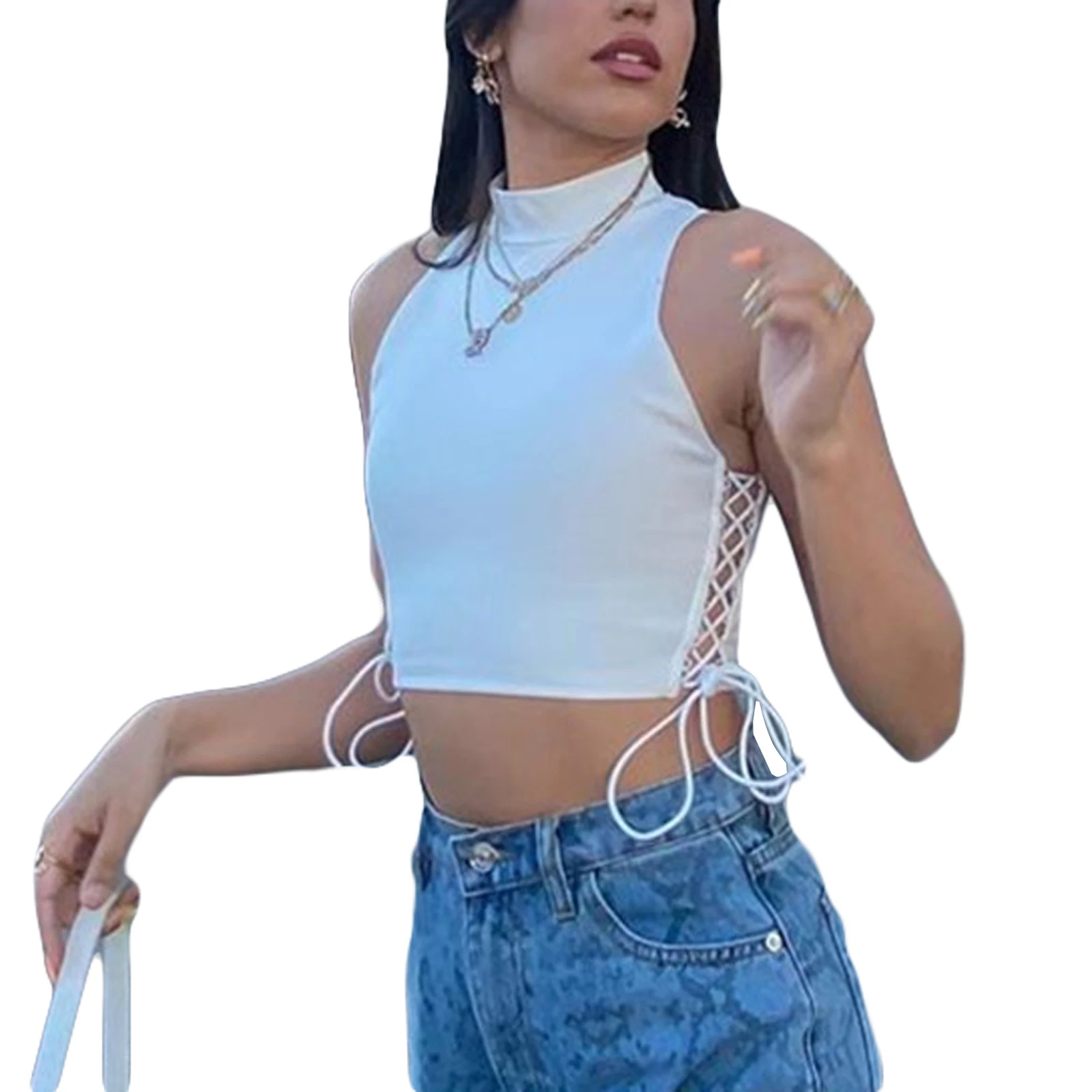 

Women Close-fitting Sexy Camisole, White Solid Color Turtleneck Sleeveless Crop Tops
