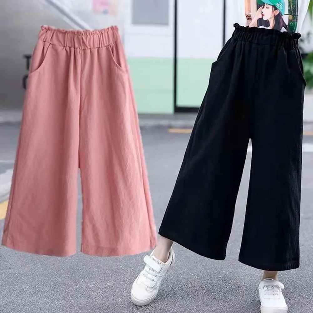 

4 -15Years Kids Thin Cotton Linen Wide Leg Pants For Girls High Waist Loose Ankle Length Pants Casual Toursers Children Clothing
