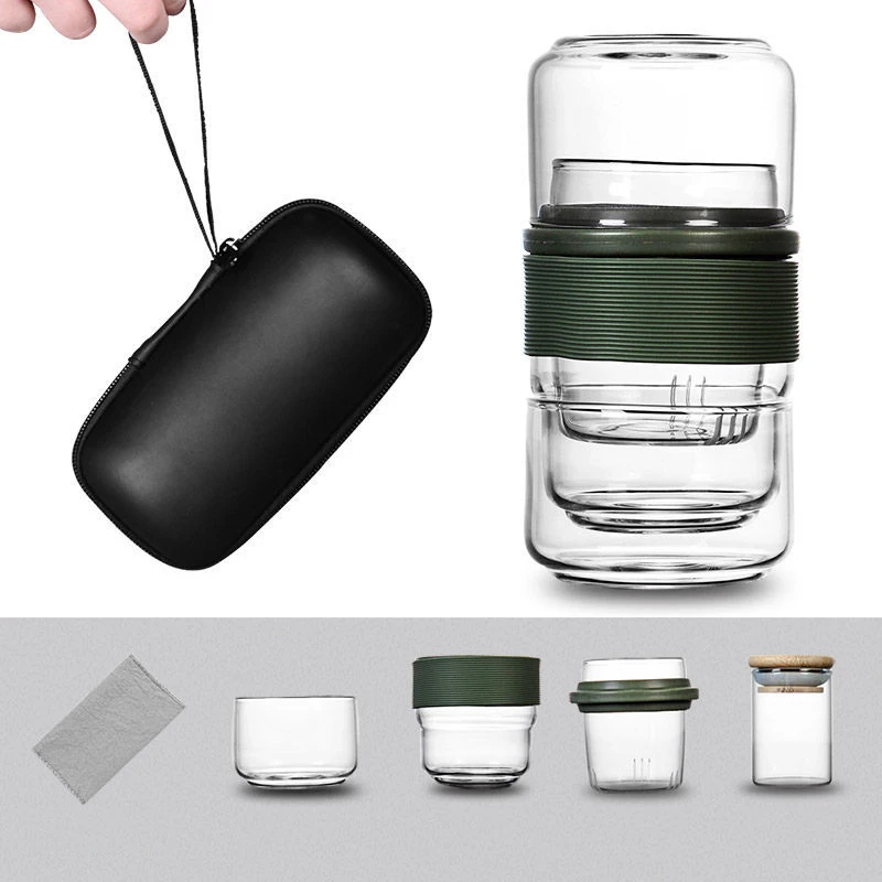 

Travel Tea Set KungFu Tea Pot with Portable Case Glass Teacups with Infuser for Travel Home Tea Leaves Container Tea Cup Set
