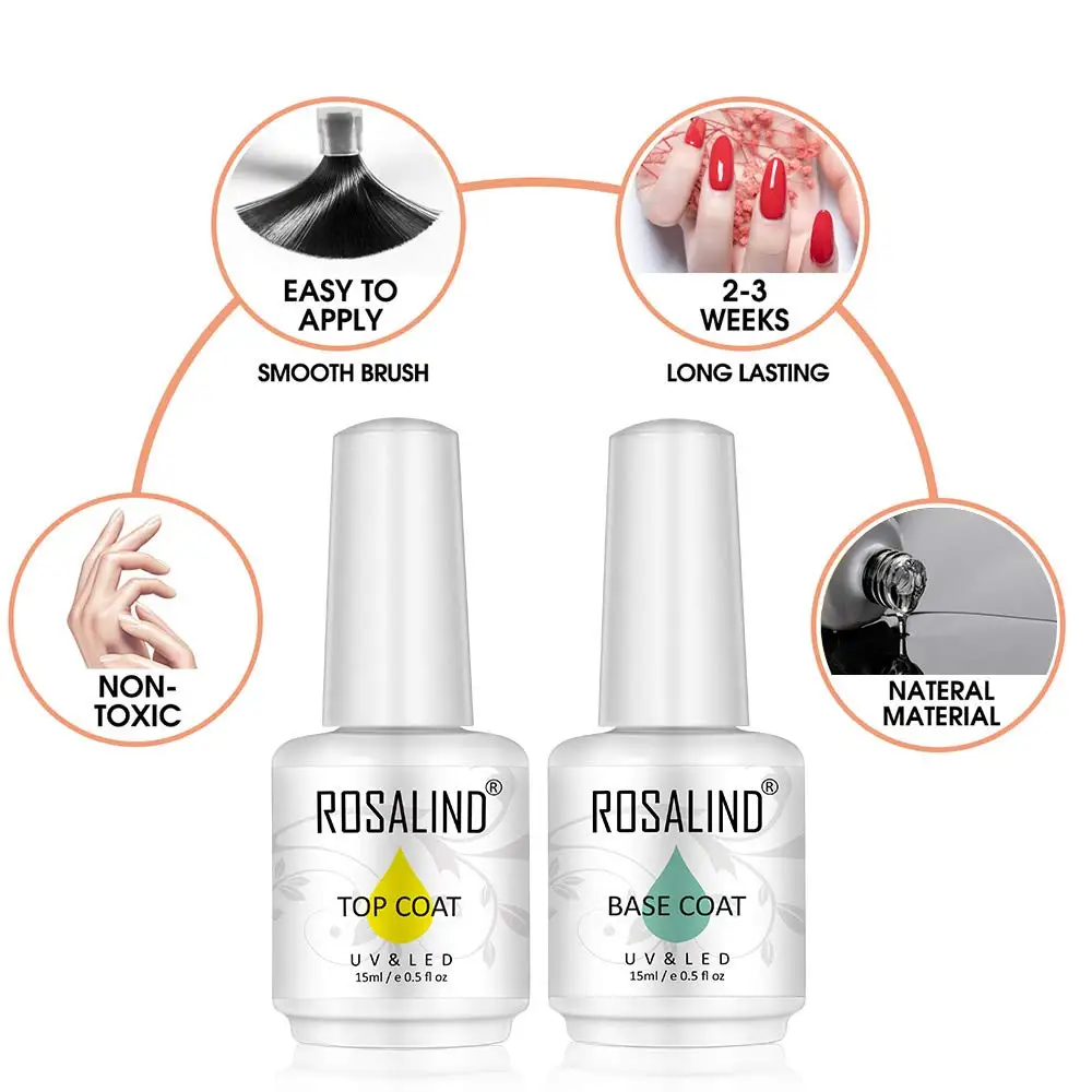 

ROSALIND No Wipe Gel Top and Base Coat Set Gel Nail Polish( 2x15ml ) High Gloss Top It Off Long Lasting Base Foundation Soak Off