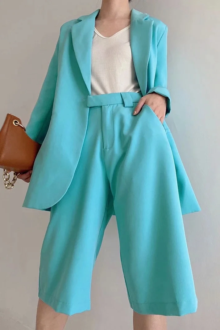

2021 autumn new blue one button mid-length suit suit jacket + shorts female suit