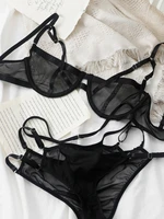 french sexy see through mesh bra and panty strappy lace thin gauze rims bralette show small lift perspective underwear set