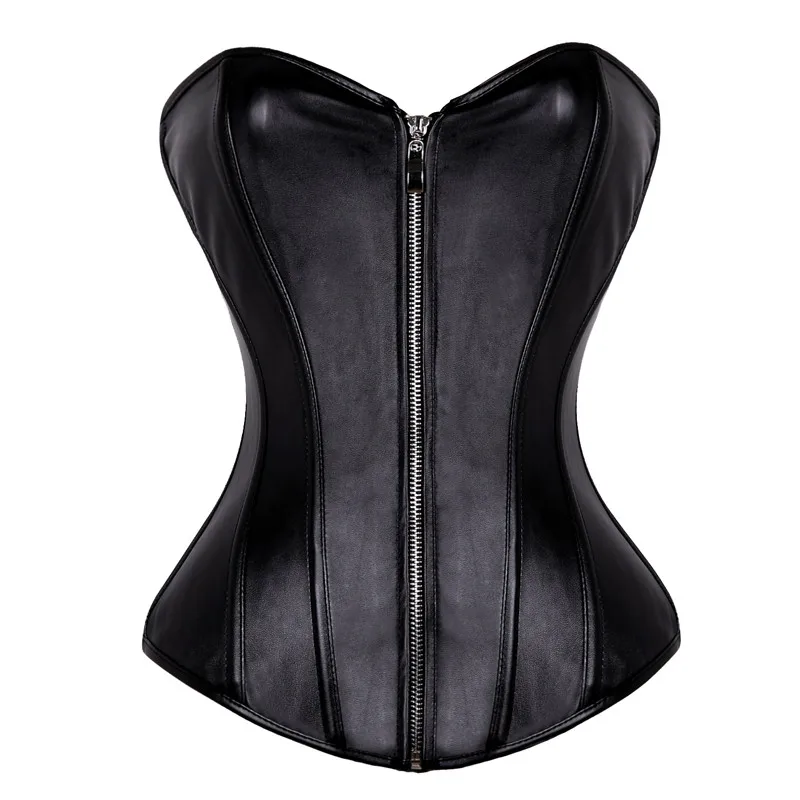 S-6XL Hot Sexy Women Strapless Corselet Black Red Lace up Back Corset Faux Leather Overbust Zipper Bustier Top Shaper Plus Size