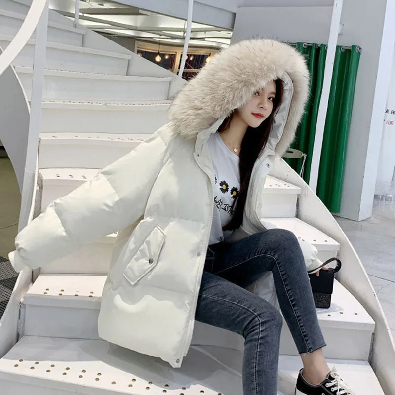 

Large Size Parkas Loose Solid Color Women Cotton Coat 2021 New Winter Casual Hooded Fur Collar Warm Womens Cotton Jackets NBH179