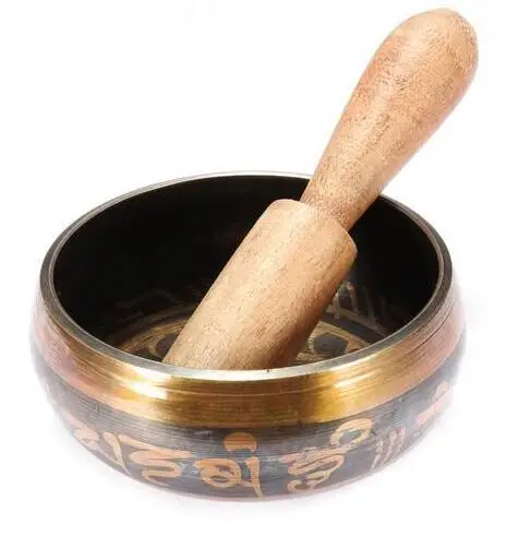 

Отличная тибетская зеркальная Поющая чаша 8,5 см с деревянным венчиком для медитации и исцеления, подарочный набор из латуни и металла